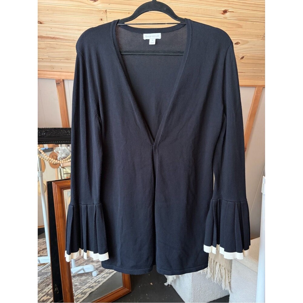 Charter Club Women’s Black V-Neck Open Front Cardigan with Ivory Trim Ruffle Hem